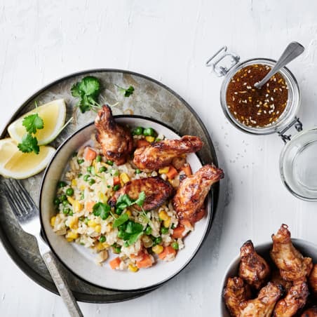 Søde stegte ris og Hot Wings